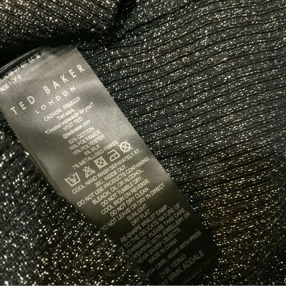 Ted Baker Addale Silver Metallic Black Rib Knit Sweater Ruffle SZ 1 /US 4 NWOT - Picture 8 of 9